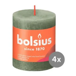 Bolsius 4er Pack Stumpenkerze 80/68 Rustik Shine olivengrün 70